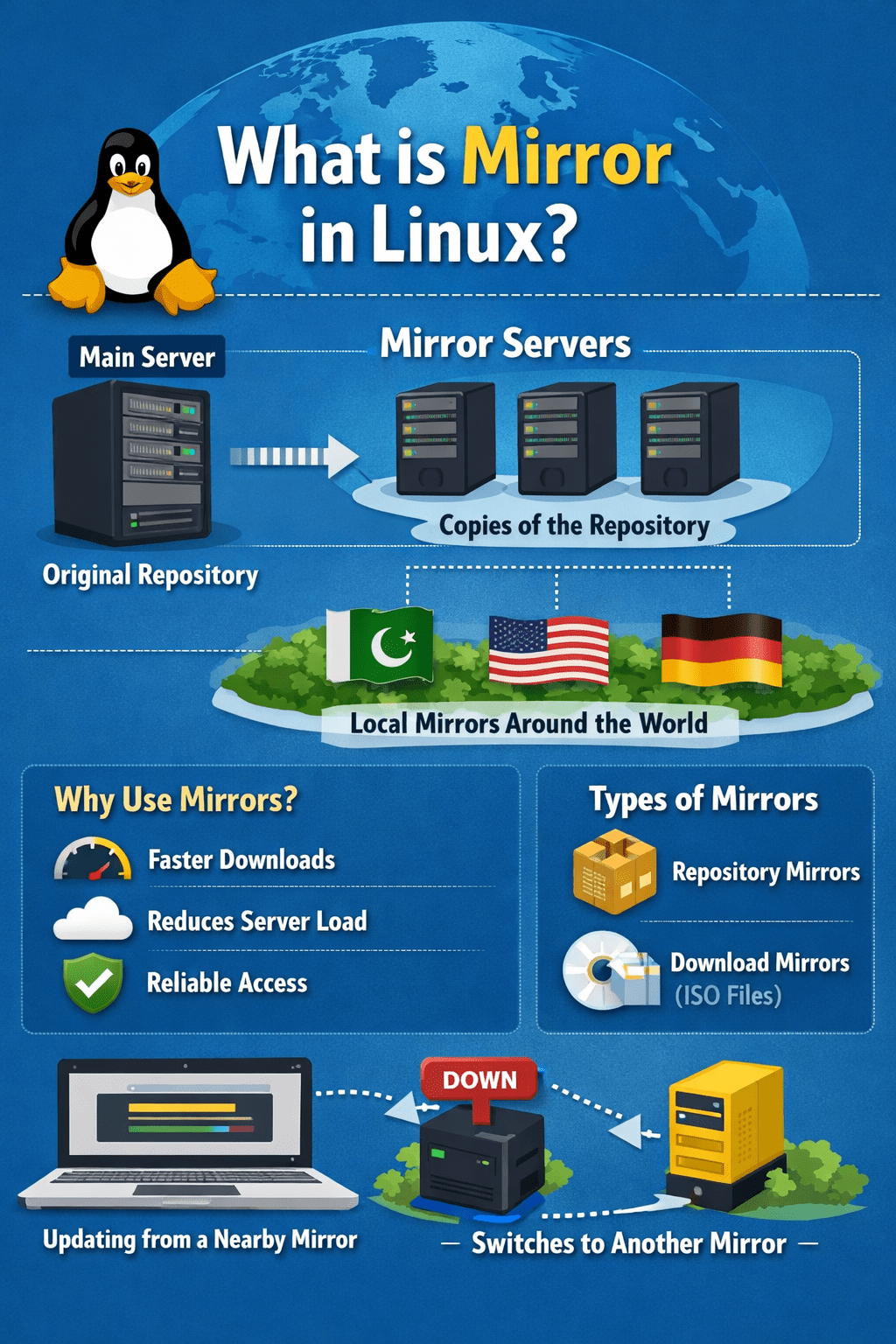 Infographic explaining Linux mirror servers, showing main server, repository copies, global mirror locations, and benefits like faster downloads and reduced server load.