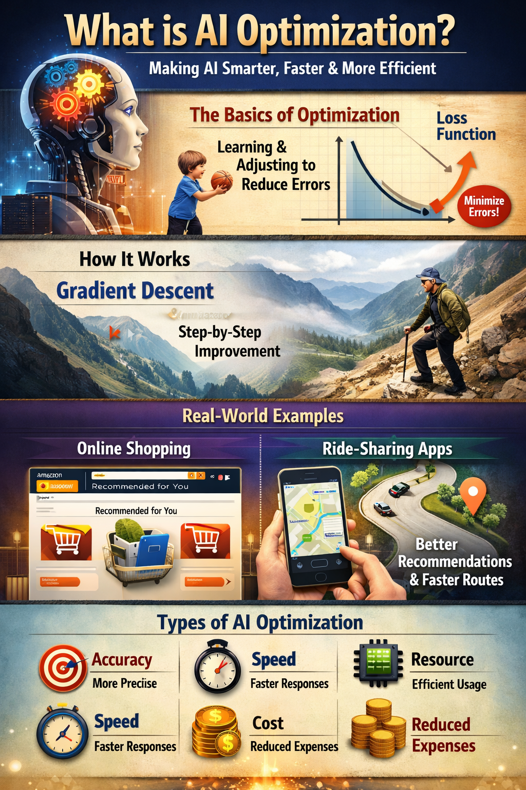 Infographic explaining AI optimization, including gradient descent, loss functions, real-world applications like online shopping and ride-sharing apps, and benefits such as accuracy, speed, and cost reduction.