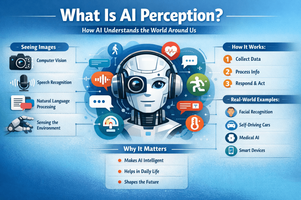 AI perception infographic showing computer vision, speech recognition, NLP, sensors, and real-world applications like self-driving cars.