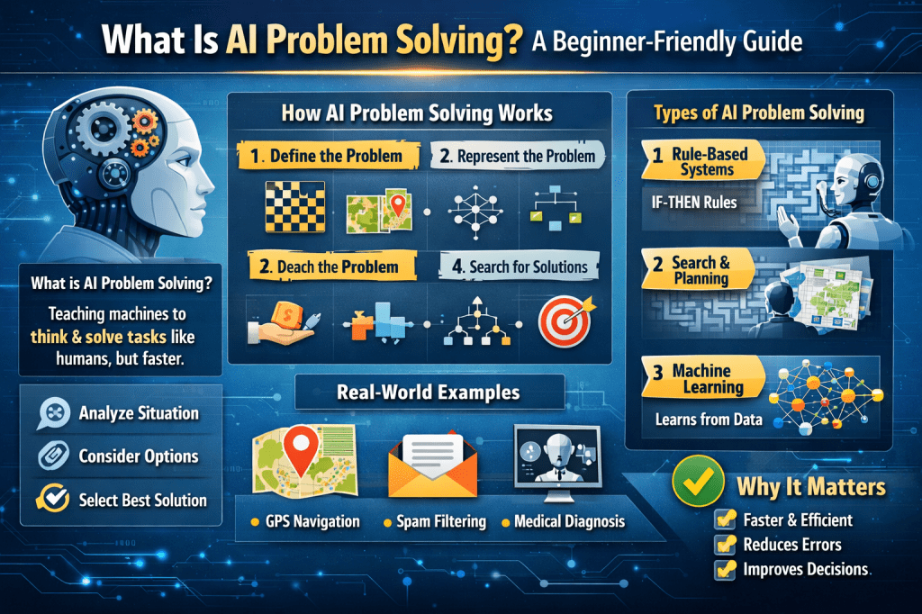 AI problem solving infographic explaining how artificial intelligence defines problems, searches for solutions, and applies machine learning with real-world examples like GPS navigation, spam filtering, and medical diagnosis.