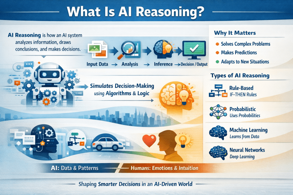 AI reasoning infographic explaining how artificial intelligence analyzes input data, performs inference, and makes decisions using rule-based systems, probabilistic models, machine learning, and neural networks.
