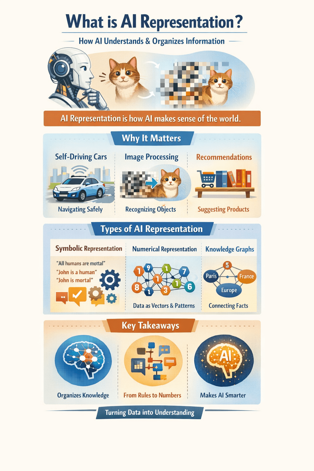 Infographic explaining AI representation, including symbolic representation, numerical representation, and knowledge graphs with examples like self-driving cars, image recognition, and product recommendations.