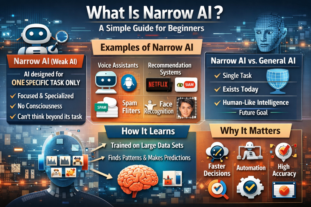 “Infographic explaining Narrow AI (Weak AI), including examples like voice assistants, recommendation systems, spam filters, and face recognition, with a comparison to general AI.”